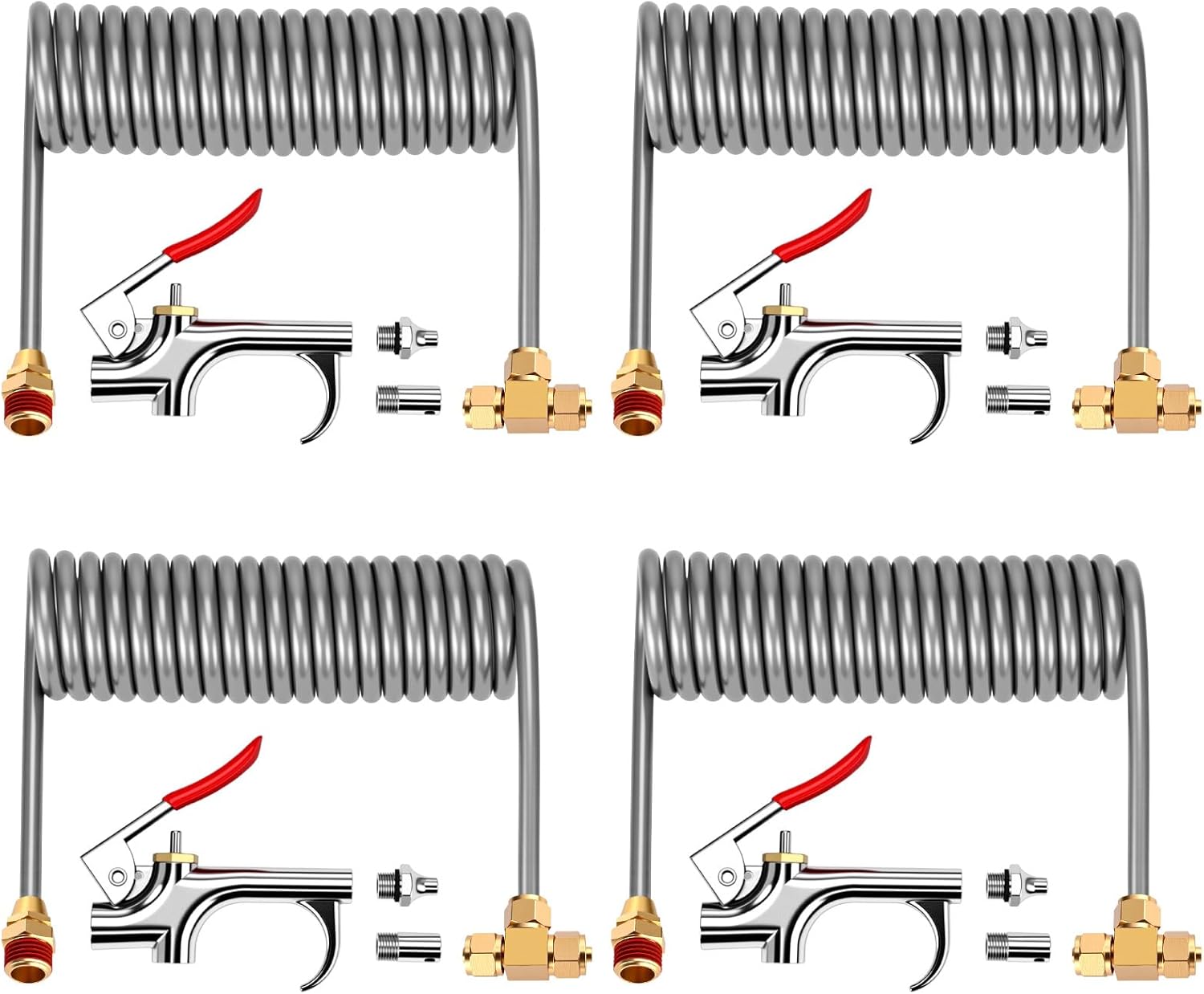 4 Set Air Blow Gun Kit with 11.5 ft Nylon Hose Heavy Duty Truck Air Seat Blow Gun Kit with 2 Interchangeable Nozzle Tips for Semi Truck 1/4 Inch Npt for Tractor Dust Clean(Brass)