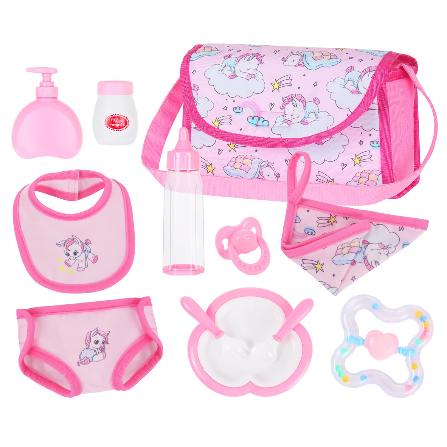 Accessoires de Poupée pour Poupée 40-45 cm - 12 Pièces avec Sac à Langer, Biberon, Bavette, Tétine et Couche pour Fille