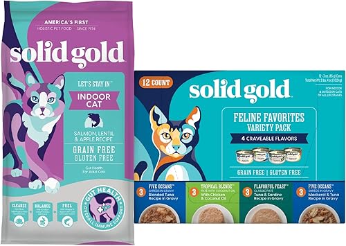 Solid Gold Let's Stay in – Alimento seco para gatos de interior – Bola de pelo y apoyo estomacal sensible – Salmón 3 libras – Paquete variado de