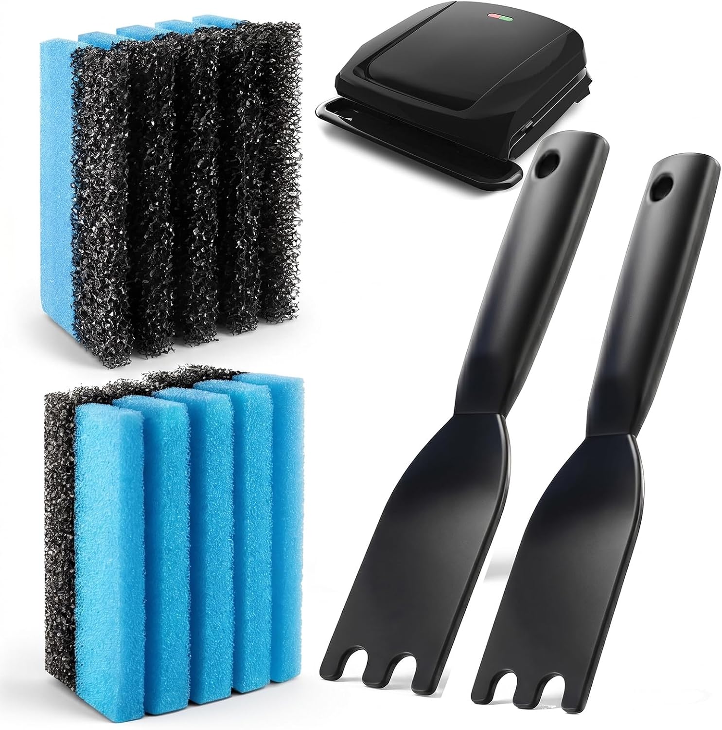 Kuars Gvni 2-Pack Grill Cleaning Sponge 12207 & 2-Pack Grill Scraper, Compatible with George Foreman Grills, Most Indoor & Outdoor Grills with Grooves and Sandwich Makers, Replacement Cleaning Kit