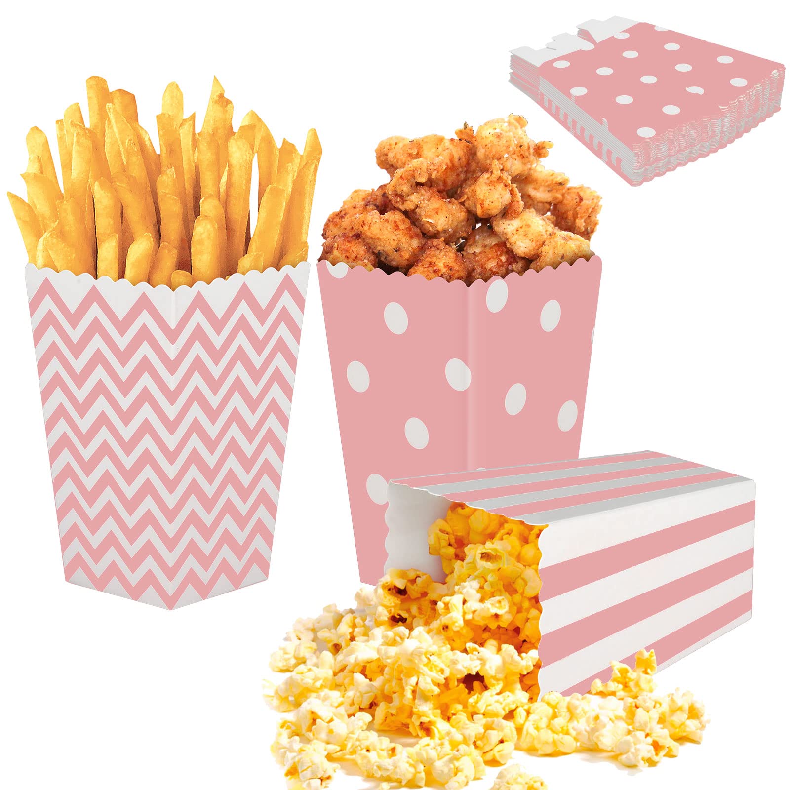COMOYA 24 Pieces Popcorn Boxes, Popcorn Bags, Pink, Candy Bags, Party Bags Set, 3 Different Designs, Popcorn Boxes, Candy Bar Bags for Parties, Family Celebrations, Cinema, Children's Birthday Parties