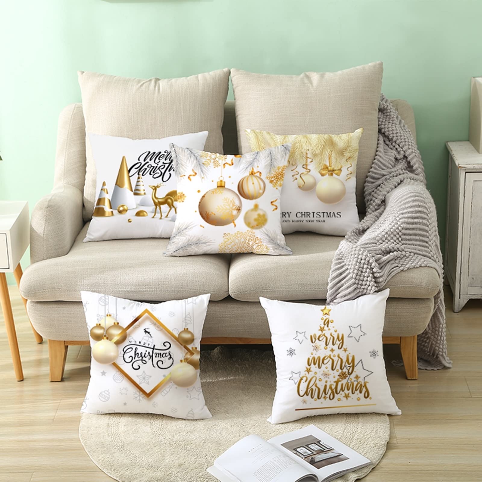 AMDXD Juego de 4 fundas de cojín navideñas de 50 x 50 cm, fundas de cojín decorativas con diseño de árbol de Navidad, estrellas, en poliéster, para sofá, dormitorio, decoración, negro, dorado, blanco,