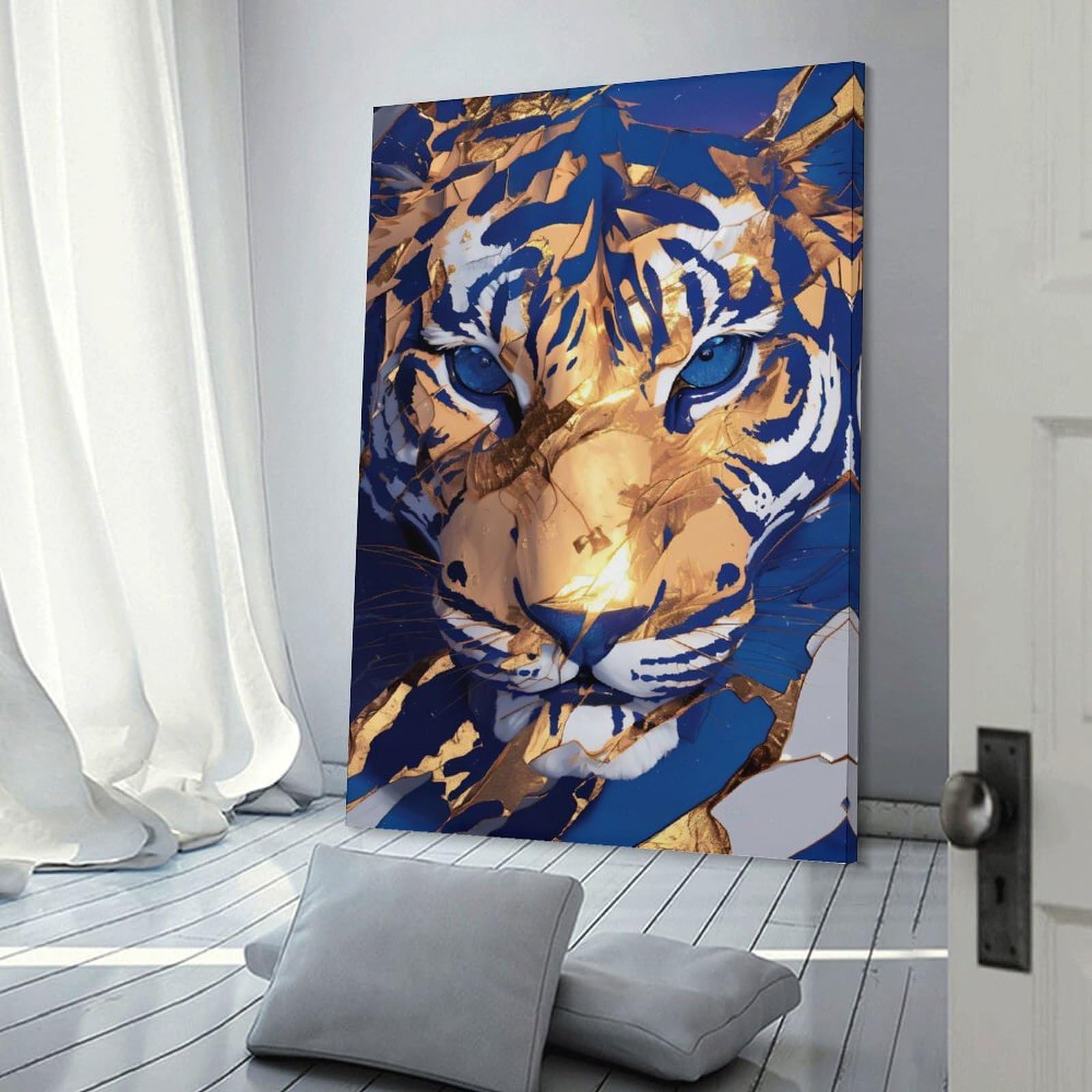 Junmoney Wall Decor Canvas Print Abstract Tiger Portrait in Blue And Gold, 24x36inch(60x90cm), for Study, Office Or Apartment Decor, Canvas Artwork with Gifting Potential