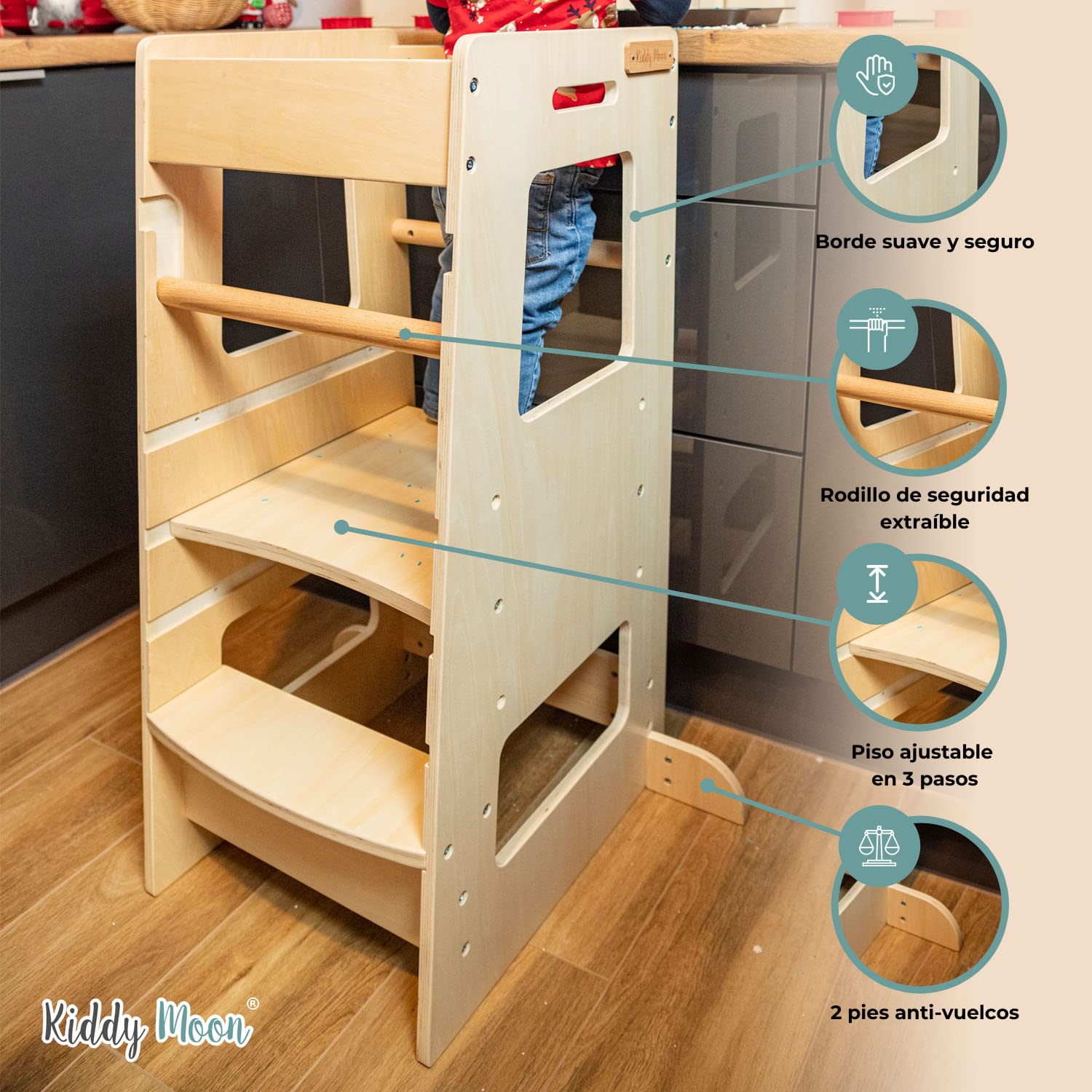 KiddyMoon Torre De Aprendizaje Montessori para Niños, Altura Ajustable (3 Niveles), Antivuelco, Barra De Seguridad, Natural