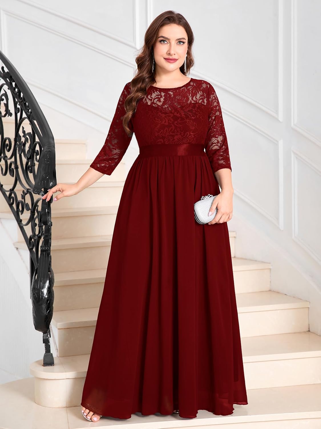 CYCLAMEN Plus Size Formal Lace Chiffon Dress Elegant 3/4 Sleeves Maxi Evening Gown Wedding Bridesmaid Party Dresses - Image 2