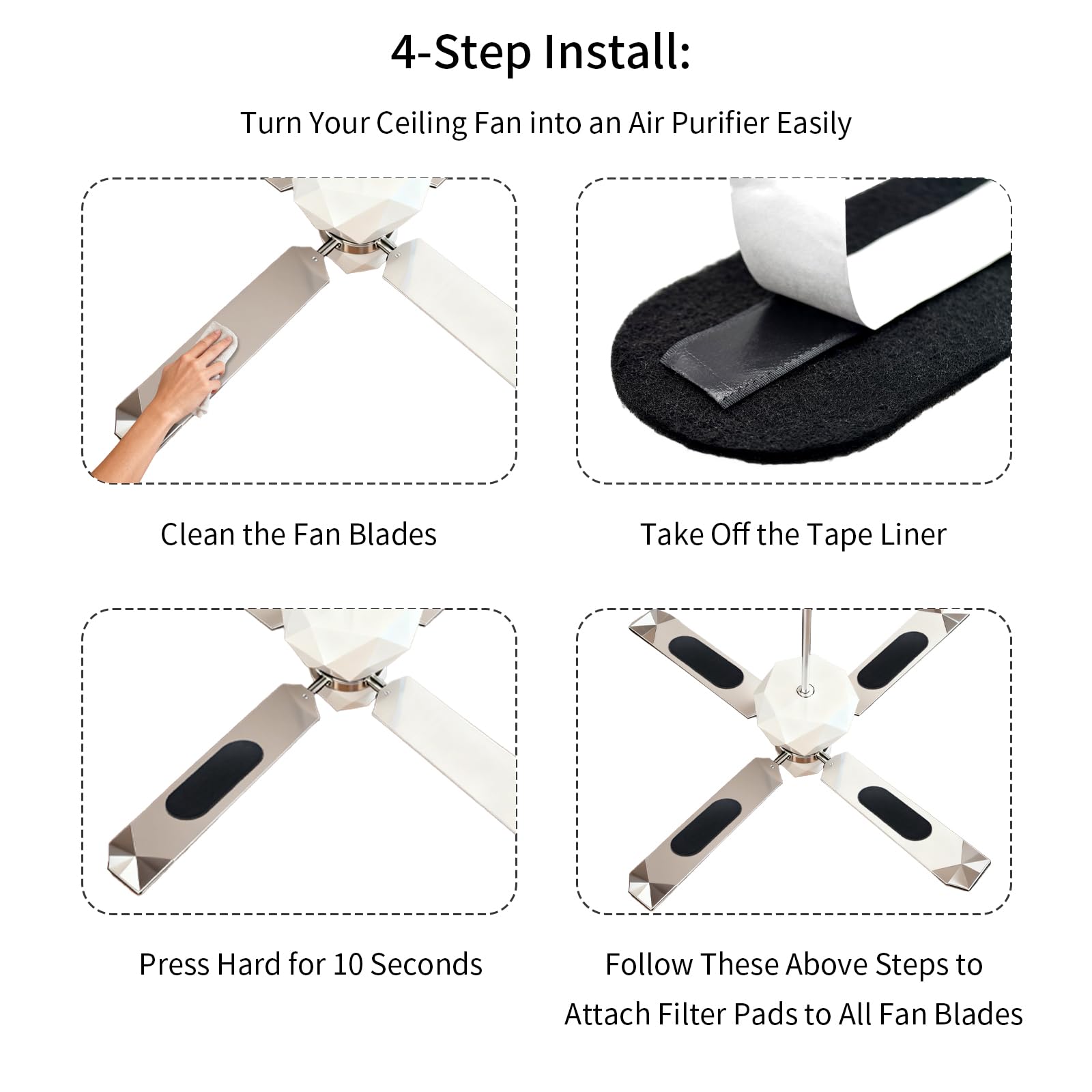 Amestar Paquete de 20 filtros de ventilador de techo para aspas, almohadillas purificadoras de aire para ventilador de techo negras, accesorios de filtro de ventilador de techo de carbón de coco