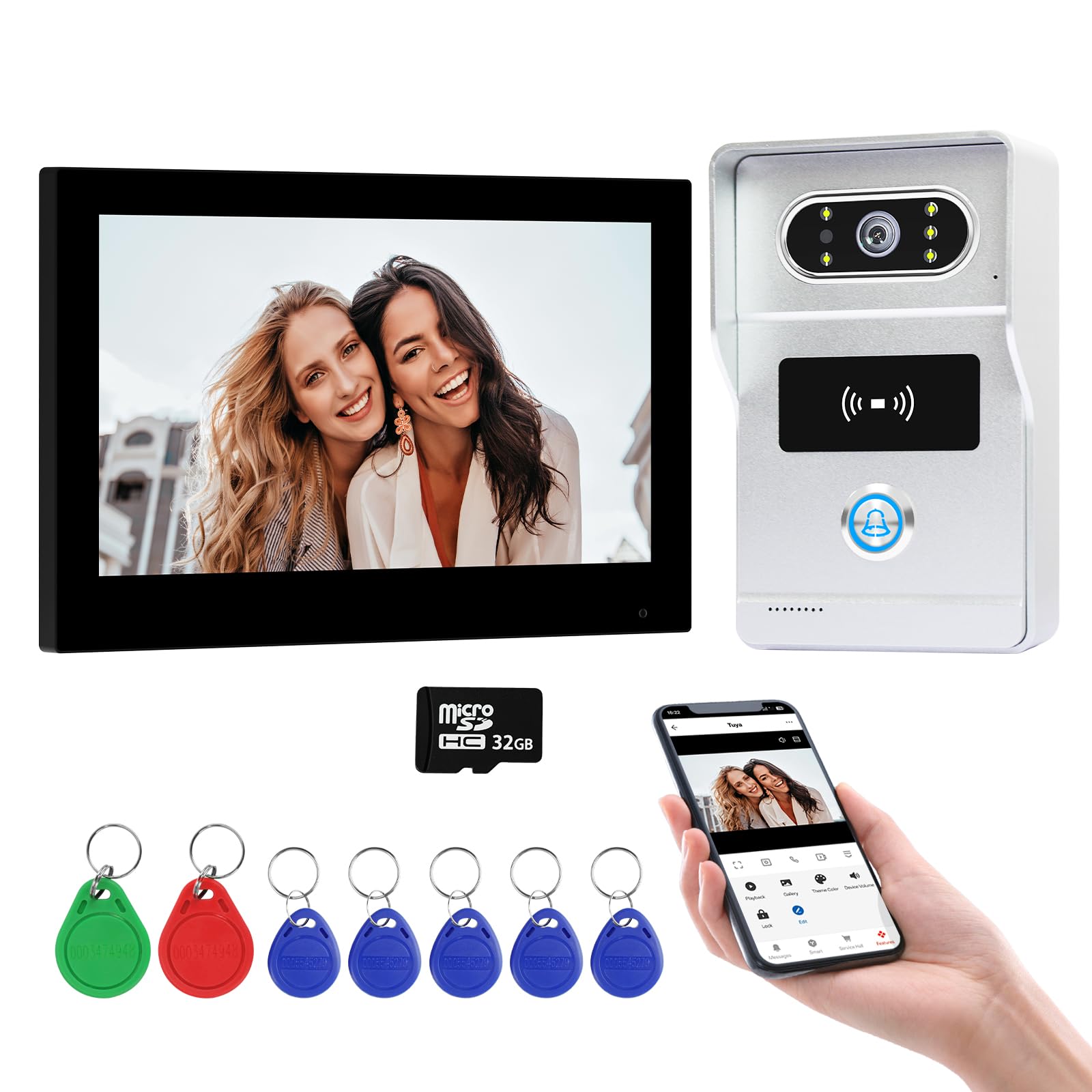 Sistema de Videoportero WiFi 2 Hilos, 1080P HD Timbre de Video Cámara y Monitor, Pantalla Táctil de 7 Pulgadas, Visión Nocturna, Desbloqueo Mediante Tuya App/Tarjeta RFID