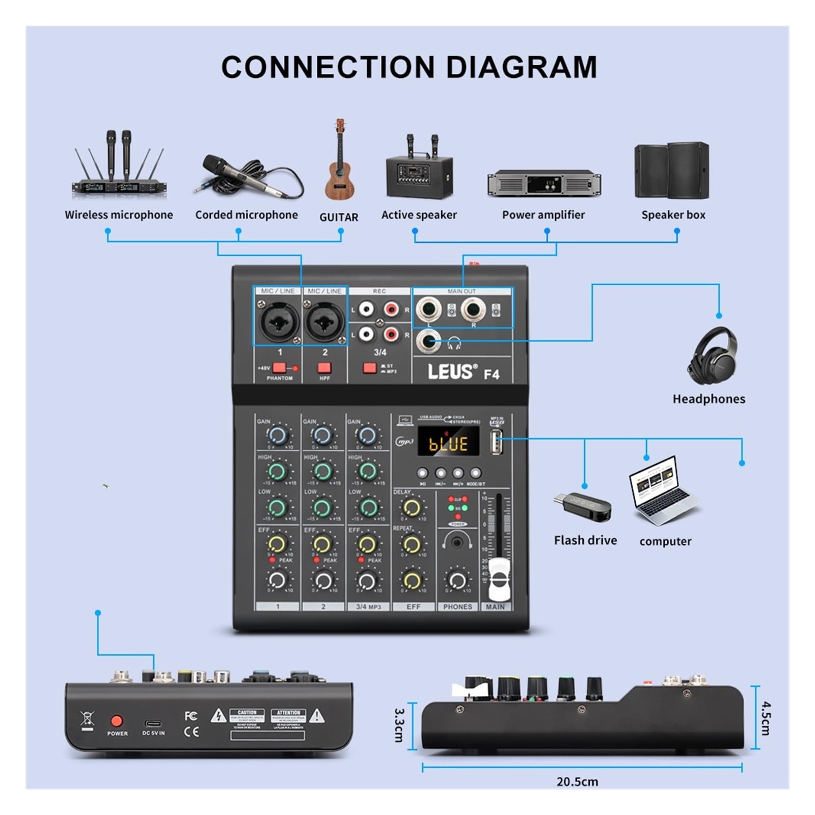 Mixer DJ, F4 Mixing Console Interfaccia Bluetooth USB Registrazione PC 48V Phantom Power Ritardo Ripetizione Effetto 4 Canali DJ Sound Mixer(White)