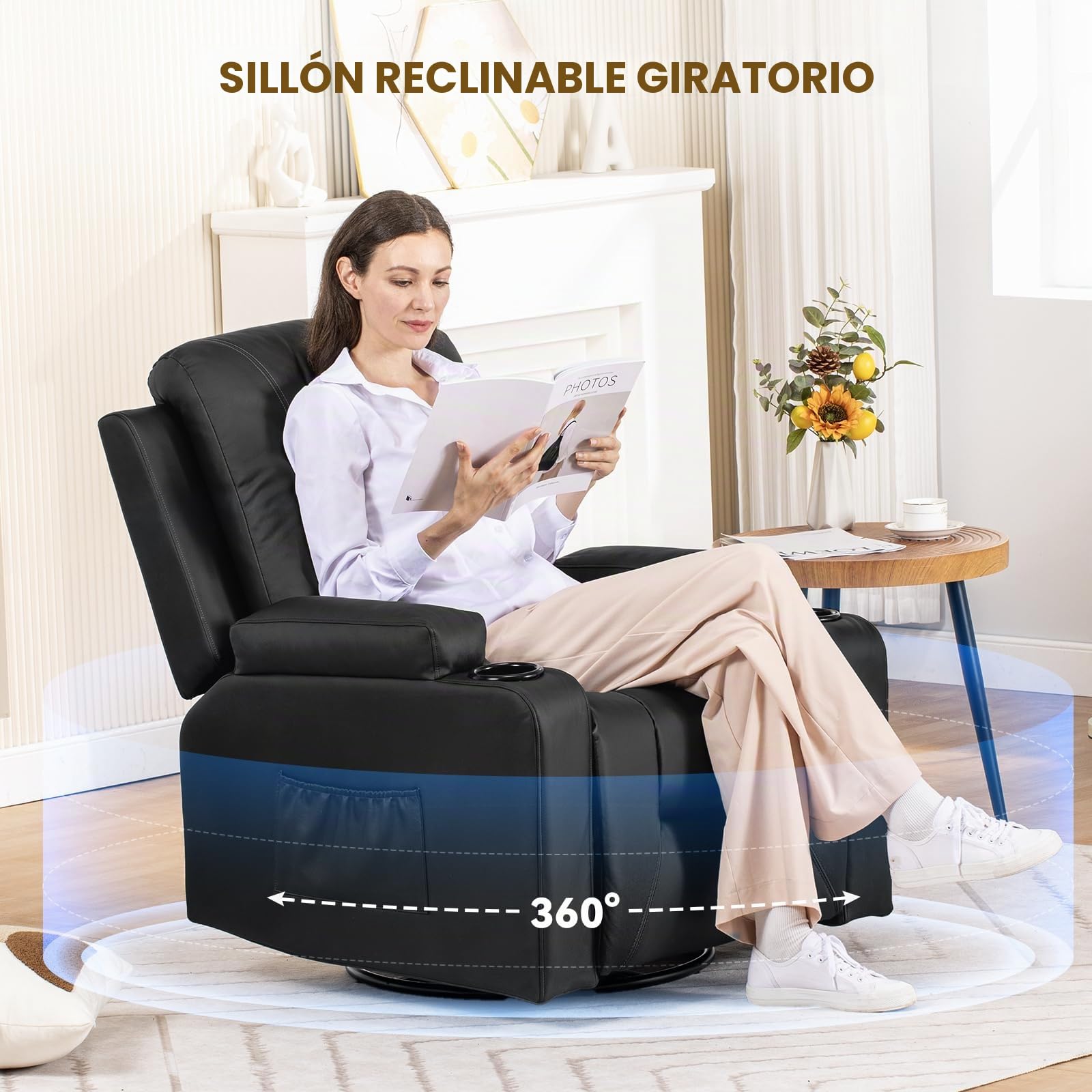 COMHOMA Sillón Reclinable con Respaldo y Reposapiés Ajustables, Silla Giratoria 360° con Portavasos y Bolsillos Laterales, Diseño Ergonómico con Soporte Corporal Completo, Cuero PU, Negro