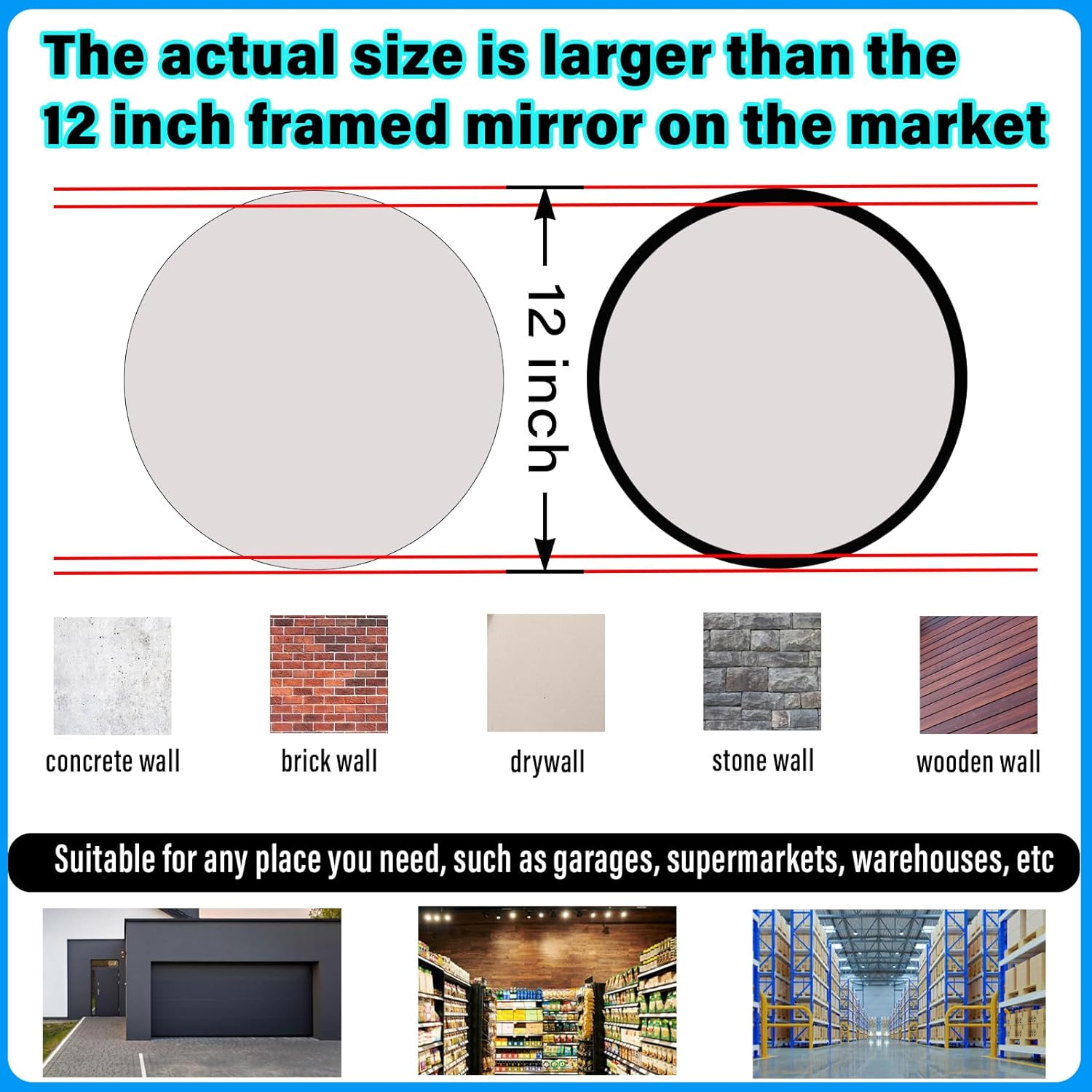 12" HD Frameless Acrylic Convex Mirror - 180 ° adjustable wide-angle field of view-Angle View for Indoor/Outdoor Security, Eliminating Blind Spots in Garages, Warehouses, Office,Driveways & Stores