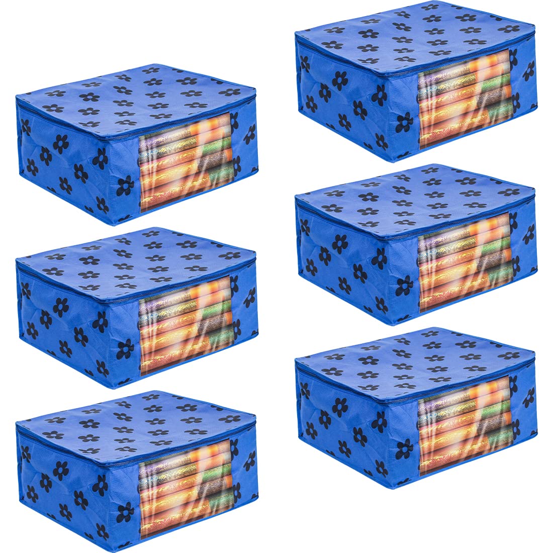 PrettyKrafts Pack of 6 Non Woven Large Flower Prints Saree Cover/Wardrobe Organizer With Transparent Window And Zip/Clothes Storage Bag For Women's Lehenga, Suit Saree & Other Accessories, Blue