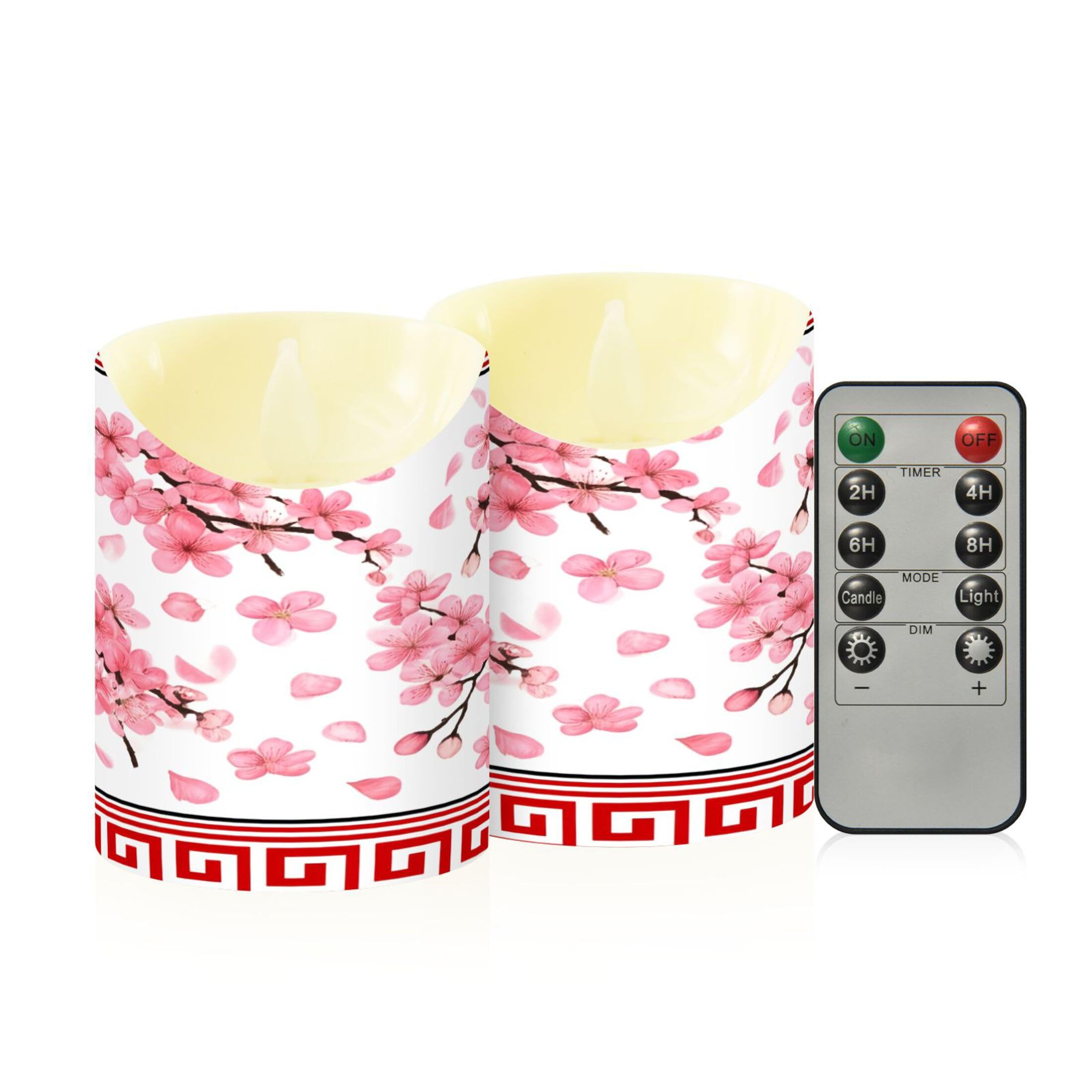 Kutsu Chinese Flowers Flameless Candles Set of 2, Battery Operated LED Flickering Candles with Remote and Timer, Plastic Pillar Candles for Home Wedding Decor
