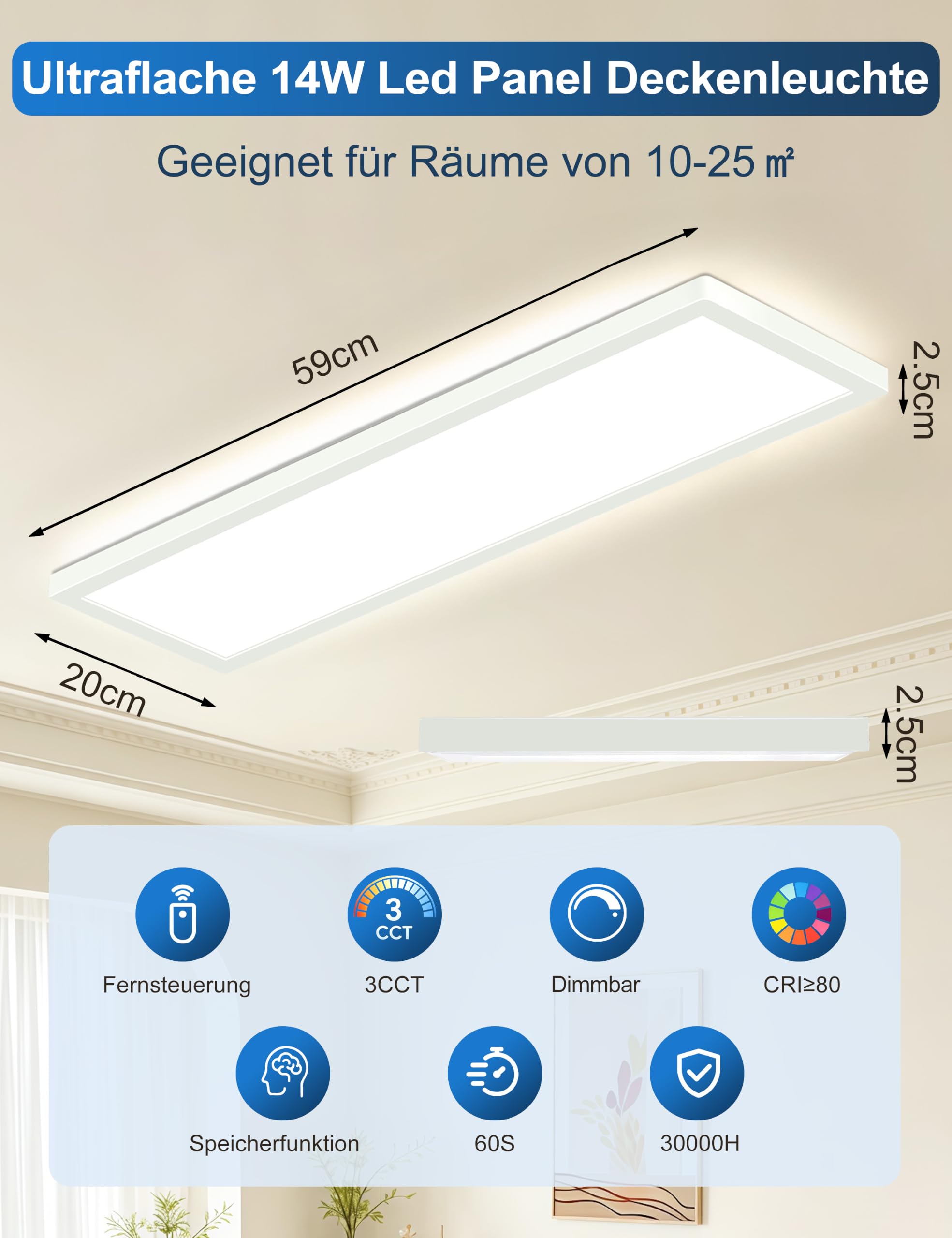 14W LED Deckenleuchte Dimmbar 3000K-6500K Rechteckig Deckenlampe