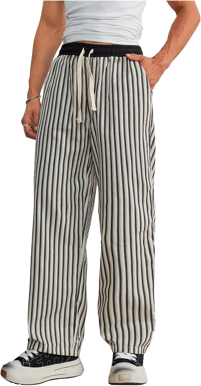SHENHE Men's Striped Wide Leg Pants Drawstring Elastic Waist Casual Loose Fit Trousers