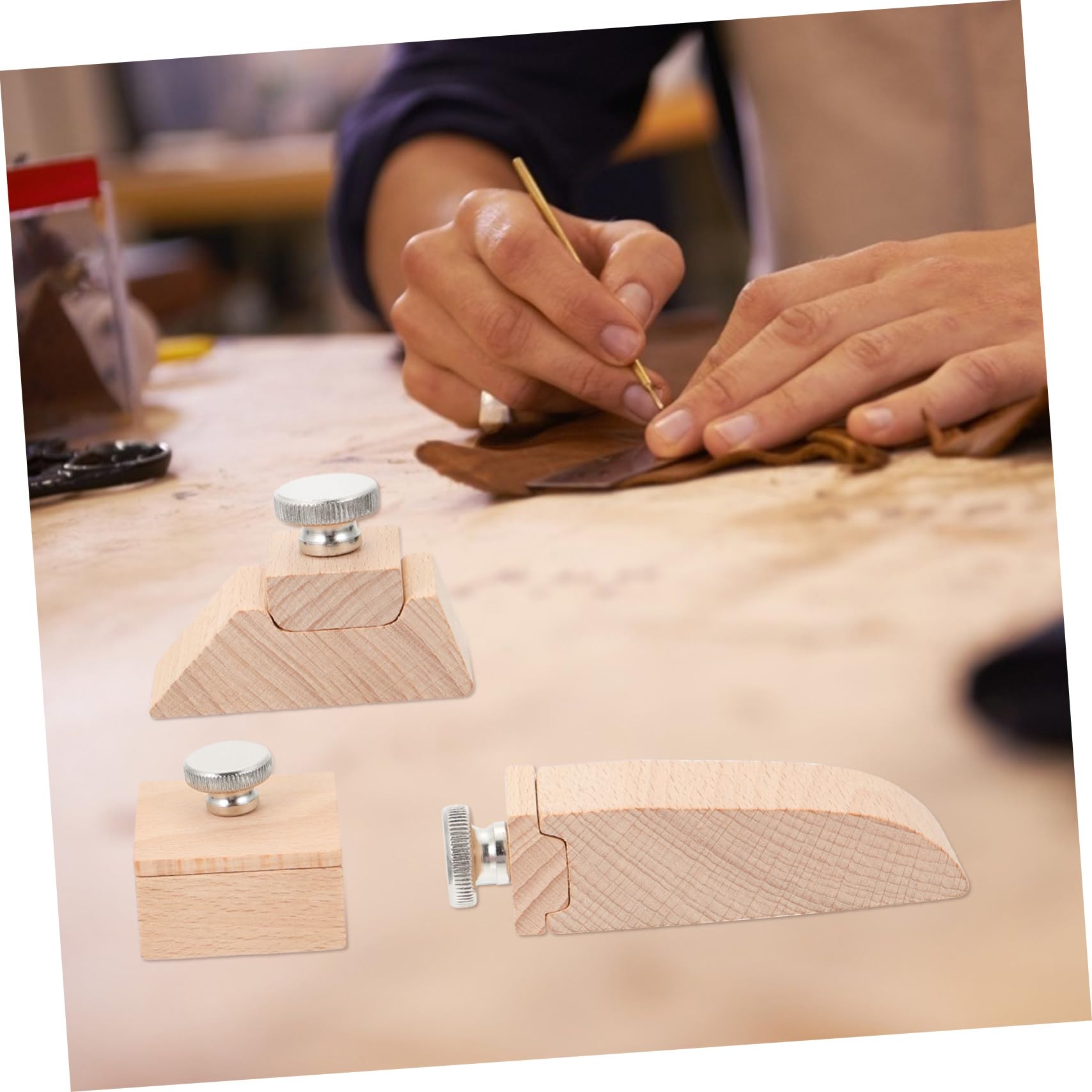 ULDIGI Sanding Block in Legno Beige per Pelle, Set 3 Pezzi | Professionale per Selleria e Lavorazioni Manuali, Forme Quadrata, Smussata e Cuneo, Resistente All'usura