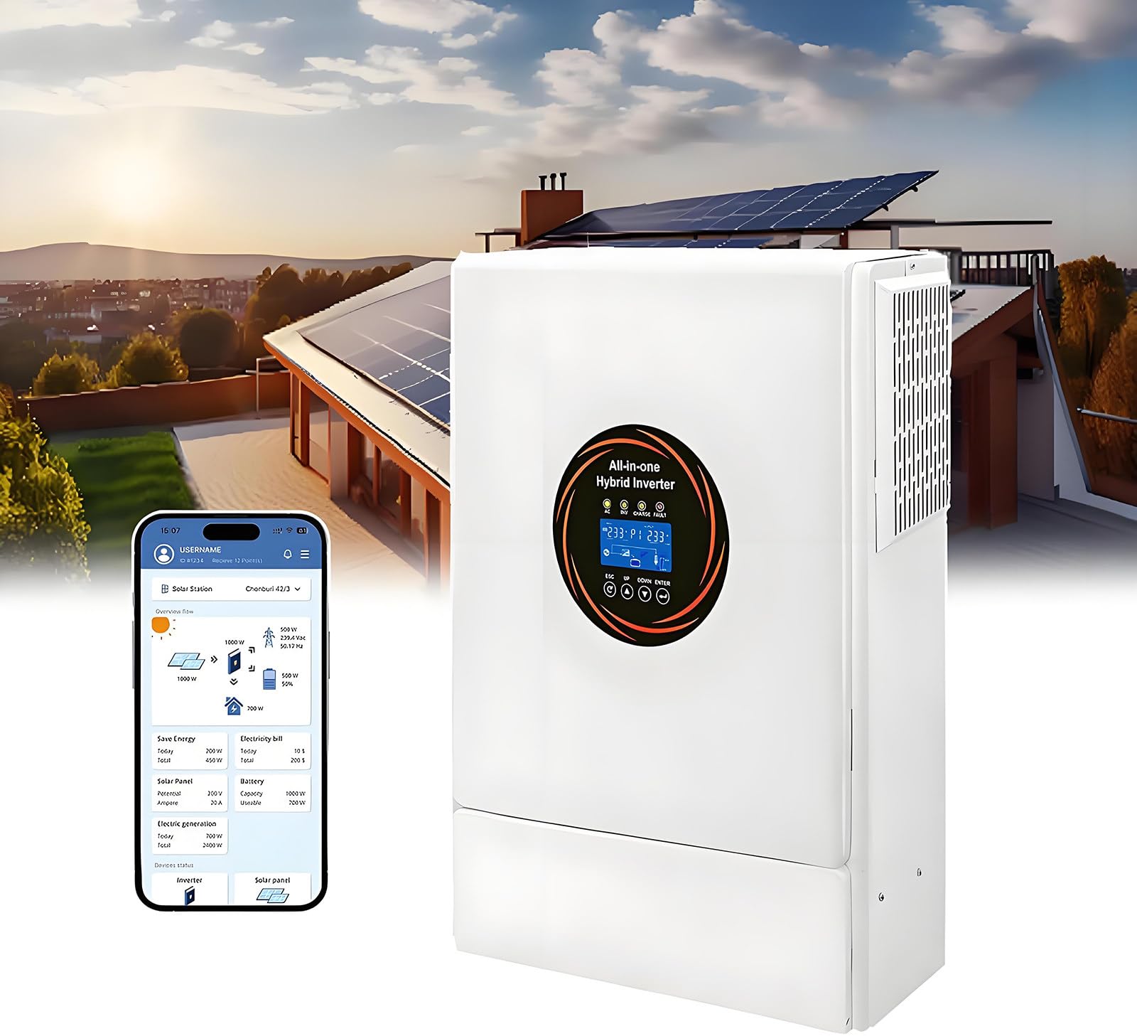 Hybrydowy falownik solarny 5500 W, hybrydowy falownik solarny, hybrydowy falownik niezależny od sieci energetycznej, falownik hybrydowy, wyświetlacz LCD, obsługa ładowania z sieci energetycznej
