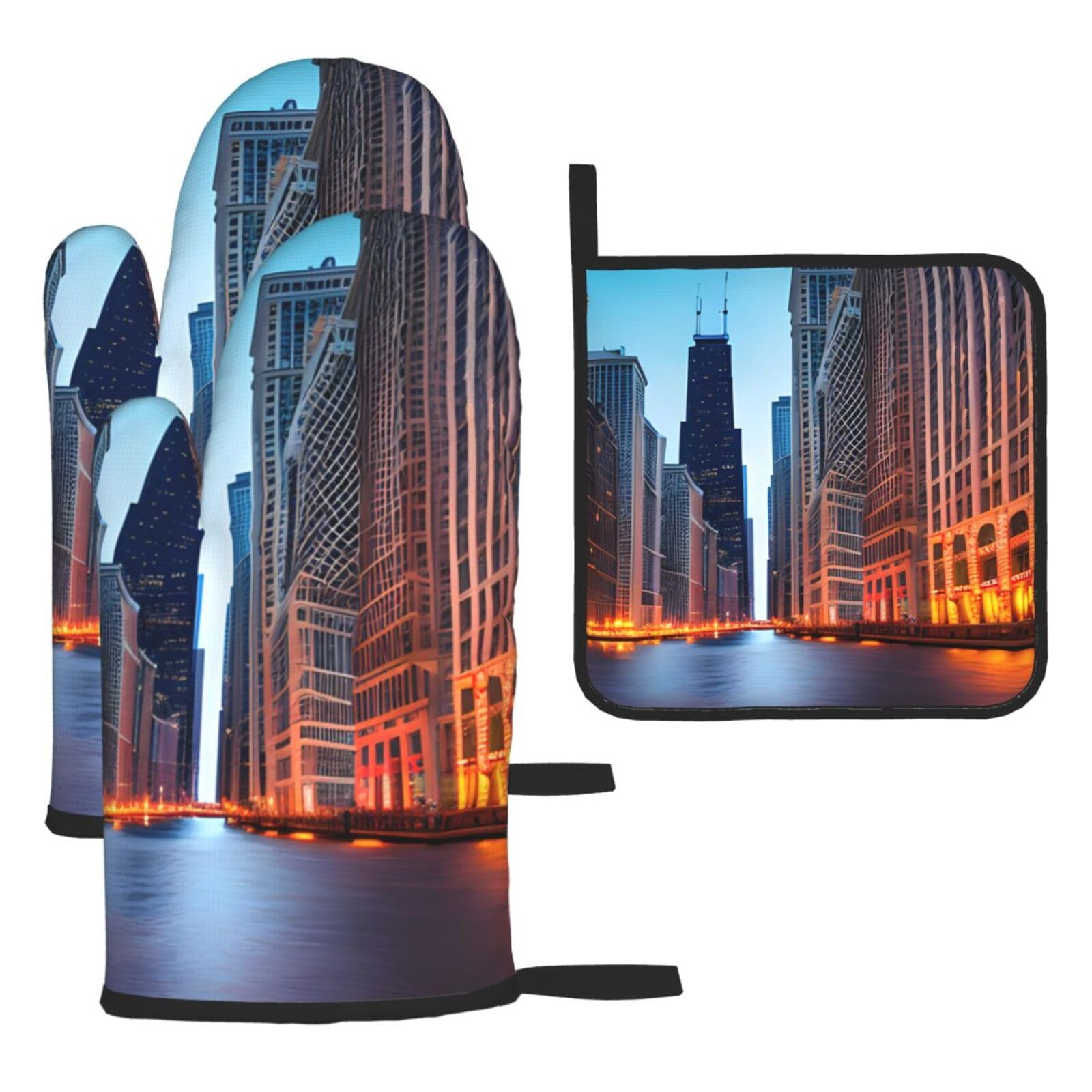 Chicago Illinois Usa Print Oven Mitts Kitchen Gloves Set Everyday Baking Grilling Microwaving Cooking Gift