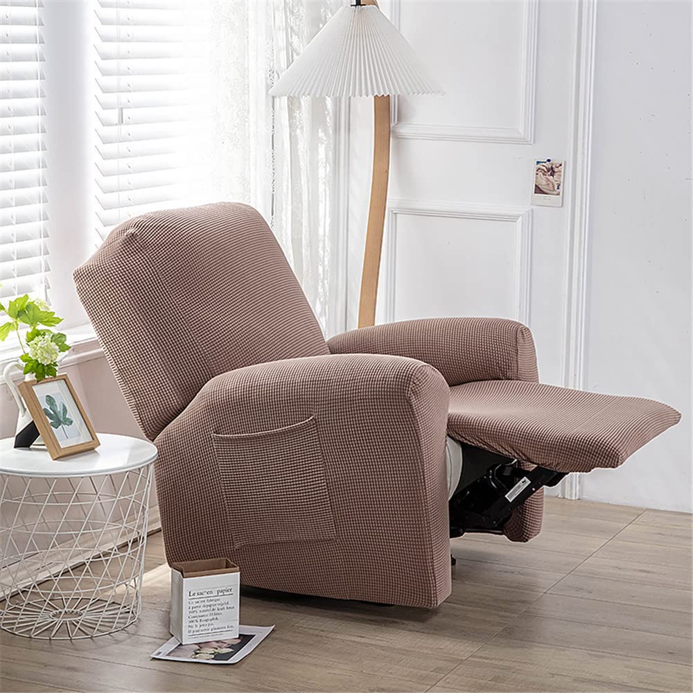 Highdi Copripoltrona Relax Reclinabile Completo 4-Pezzo Fodera per Poltrona Elasticizzato 1 Posto con Tasche, Coprisedile Poltrona Jacquard Lavabile Antiscivolo Copripoltrona (Cachi