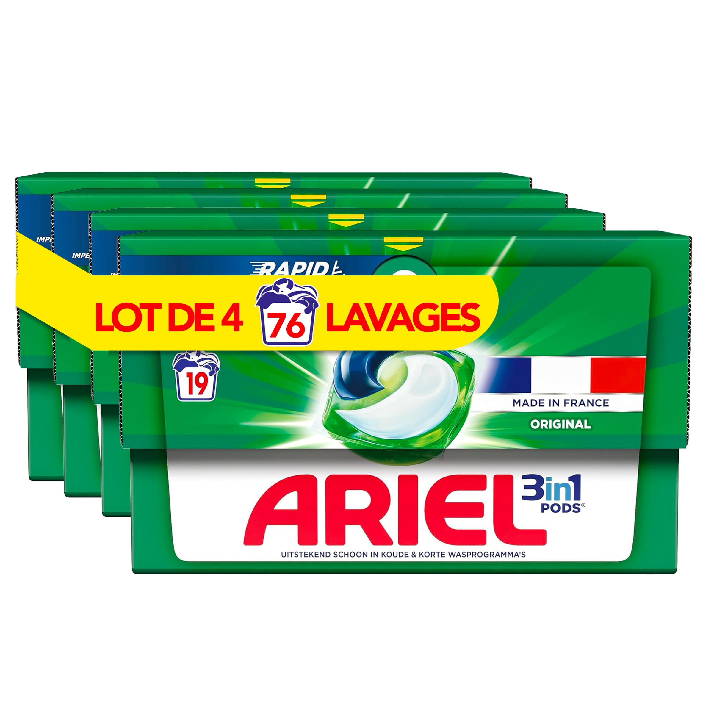 Ariel 3in1 PODS, Lessive Liquide En Capsules 4 x 19 Lavages, Alpine, Dissolution Rapide, Impeccable A Froid Et En Cycle Court