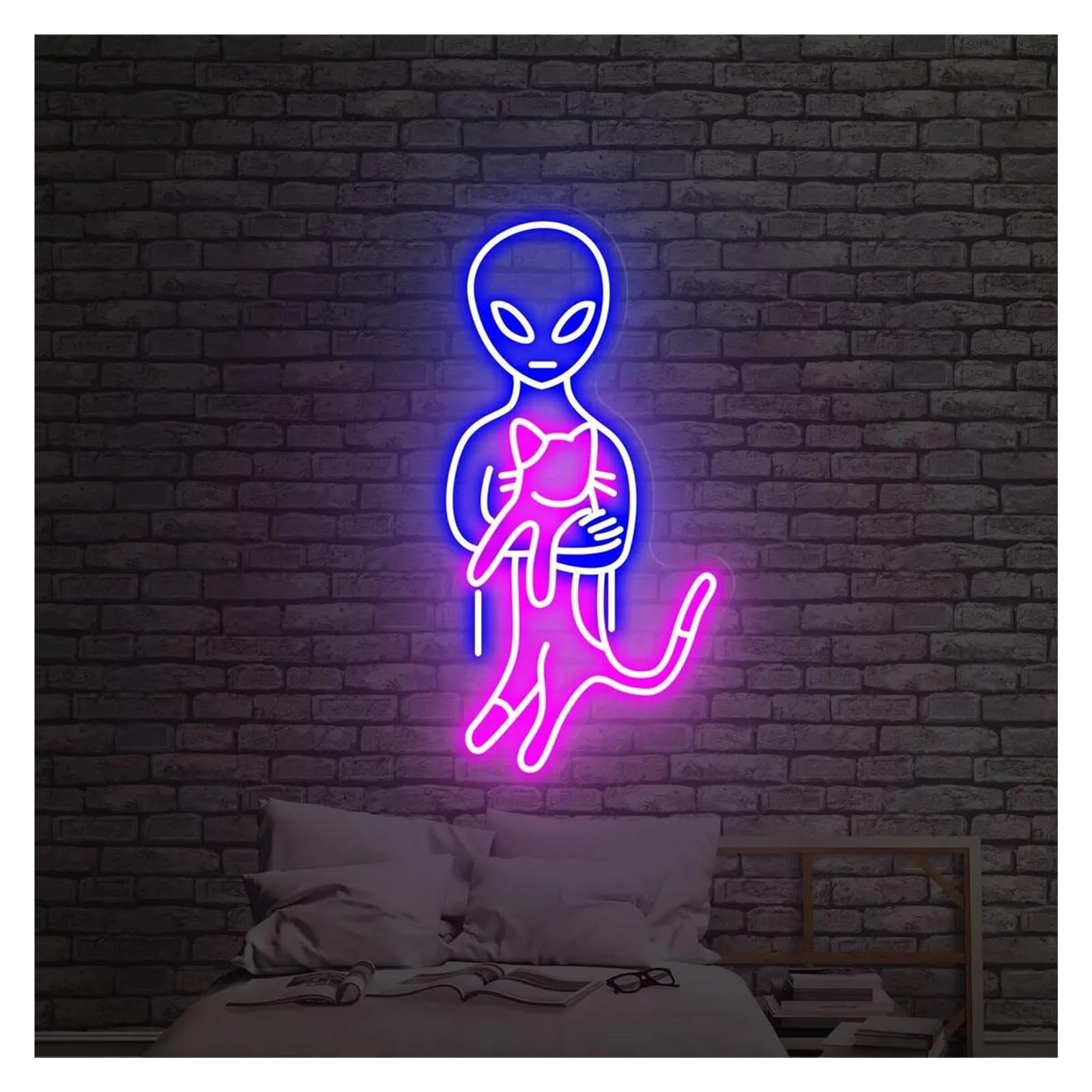 LEMST Signs Lamp UFO Cat Neon Sign Alien Neon Sign Bedroom Art Lamp Decor Apartment Home Wall Decor 22X42cm(B)