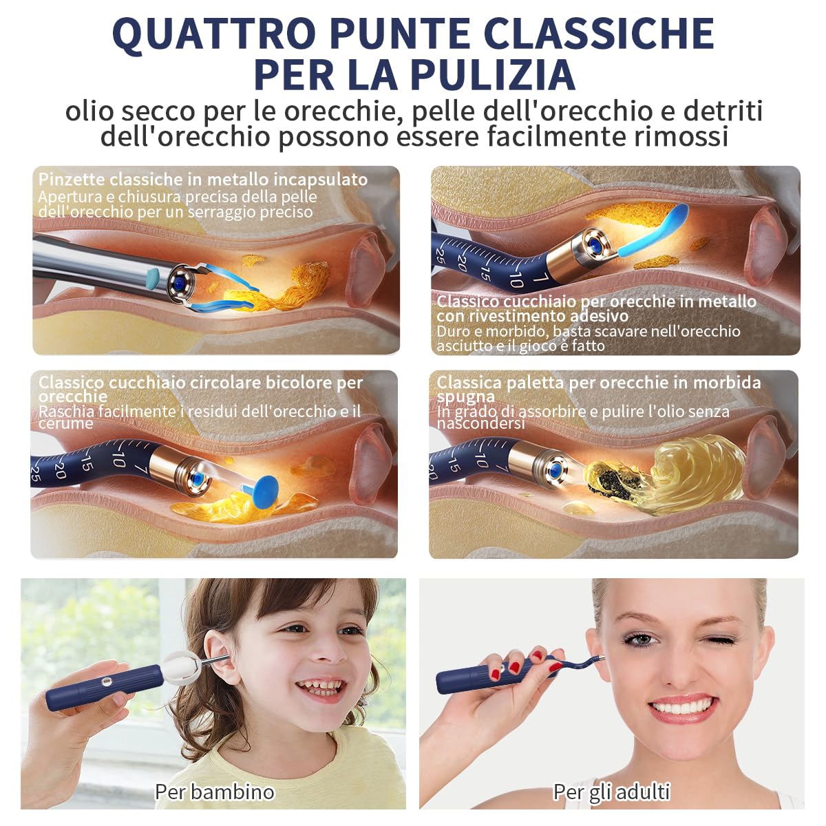 Pulizia Orecchie,Otoscopio Digitale,Ultra HD Flessibile Pulizia Orecchie con Accessori di Ricambio Vari,Kit Rimozione Cerumeper Orecchie,Naso,Gola,Adatto per Adulti e Bambini