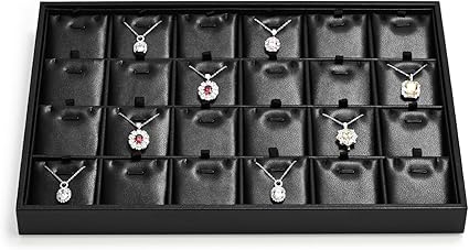 24 Grids Leather Necklace Tray Jewelry Display Tray for Drawers With Removable Jewellery Cards Necklace Pendant Tray (Black)
