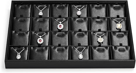 24 Grids Leather Necklace Tray Jewelry Display Tray for Drawers With Removable Jewellery Cards Necklace Pendant Tray (Black)