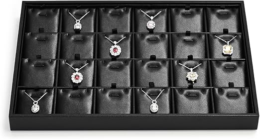 24 Grids Leather Necklace Tray Jewelry Display Tray for Drawers With Removable Jewellery Cards Necklace Pendant Tray (Black)