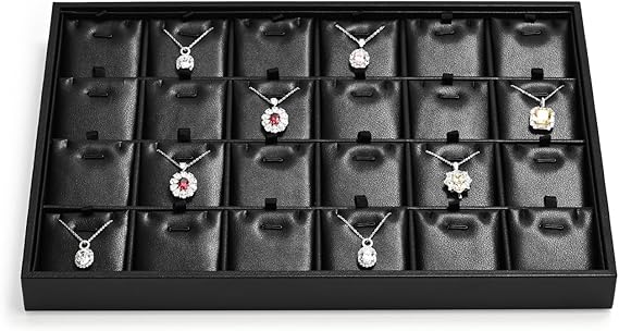24 Grids Leather Necklace Tray Jewelry Display Tray for Drawers With Removable Jewellery Cards Necklace Pendant Tray (Black)