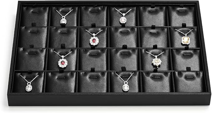 24 Grids Leather Necklace Tray Jewelry Display Tray for Drawers With Removable Jewellery Cards Necklace Pendant Tray (Black)