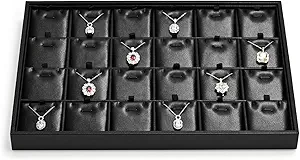 24 Grids Leather Necklace Tray Jewelry Display Tray for Drawers With Removable Jewellery Cards Necklace Pendant Tray (Black)