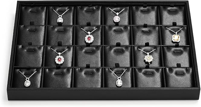 24 Grids Leather Necklace Tray Jewelry Display Tray for Drawers With Removable Jewellery Cards Necklace Pendant Tray (Black)