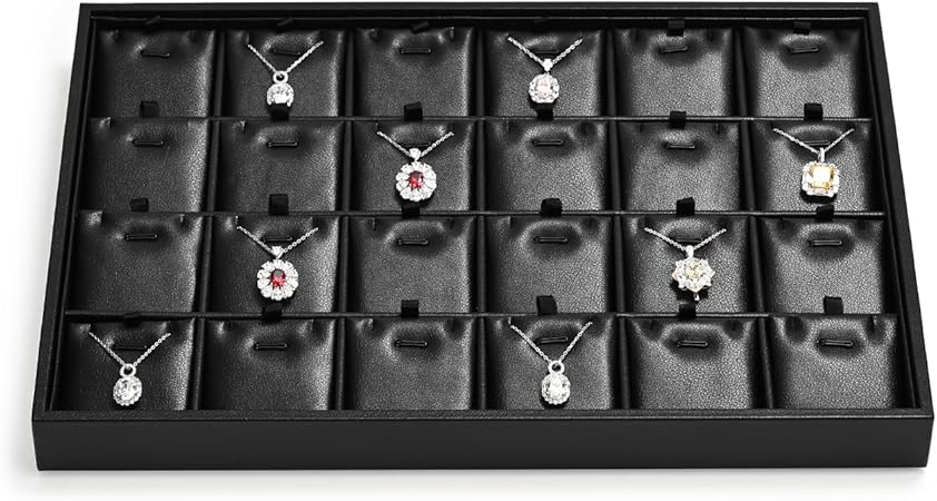 24 Grids Leather Necklace Tray Jewelry Display Tray for Drawers With Removable Jewellery Cards Necklace Pendant Tray (Black)