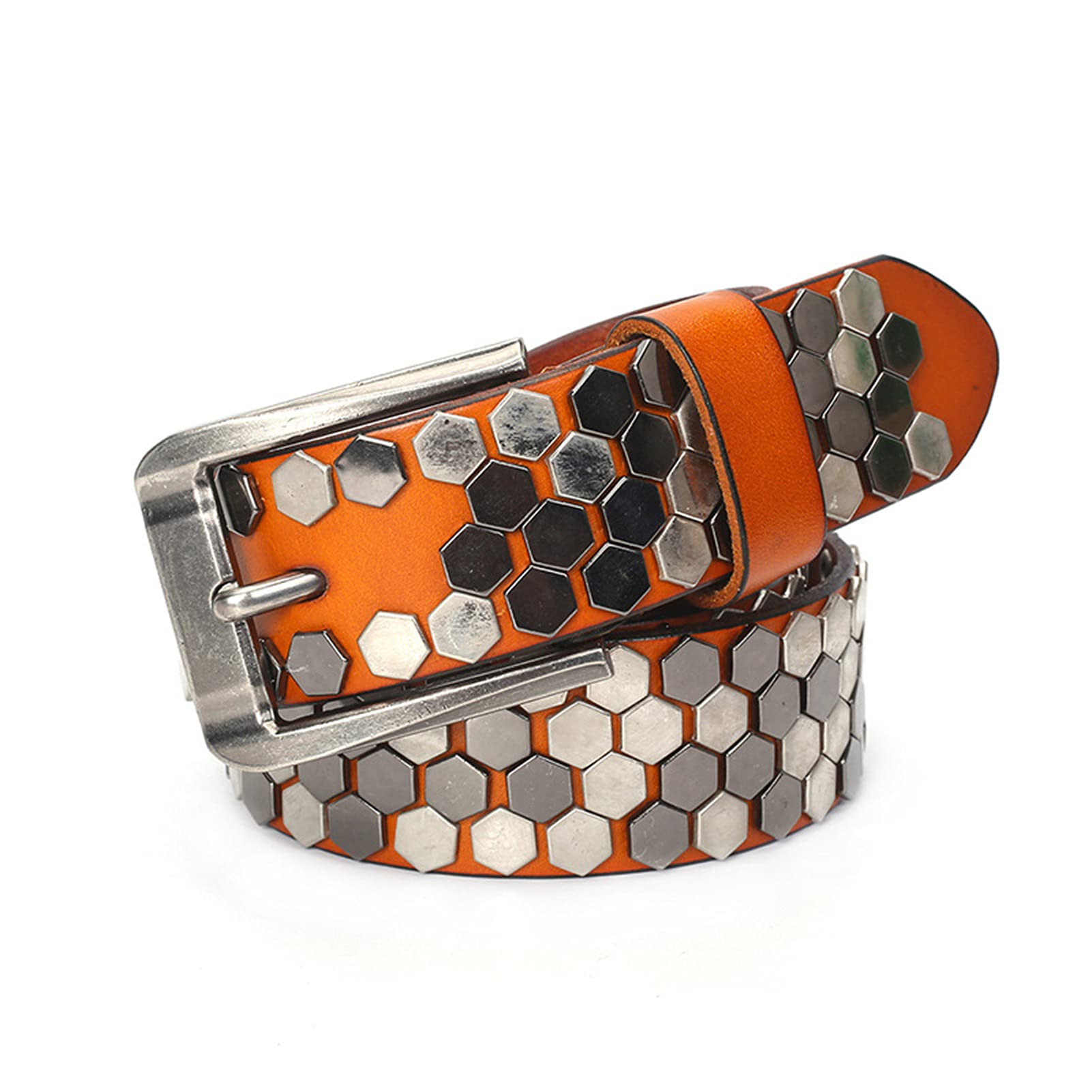 Vollrind-Walkleder Nietengürtel Mit Verschiedenfarbigen Sechseckige Wabe Nieten, Gürtel Für Damen Und Herren, Kürzbar, Unisex Studded Belt,Braun,110cm/waist:36"~38"
