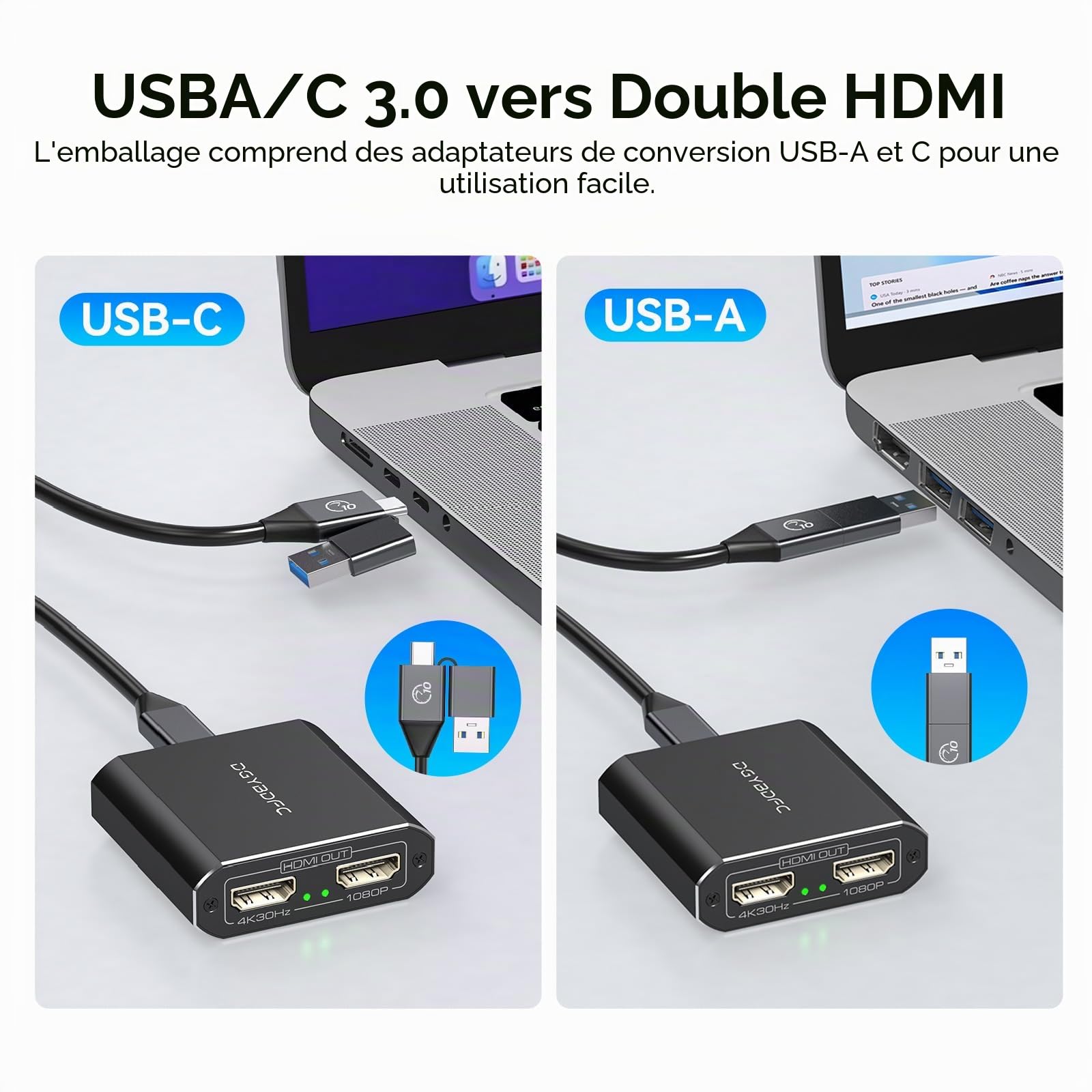Adaptateur USB 3.0 vers HDMI 1 in 2 Out Extended Display Dual Monitors USBA & USBC vers 2 HDMI Splitter 4K 30Hz+1080p 60Hz pour Ordinateur Portable MacOS Supporte Le Mode MST/SST