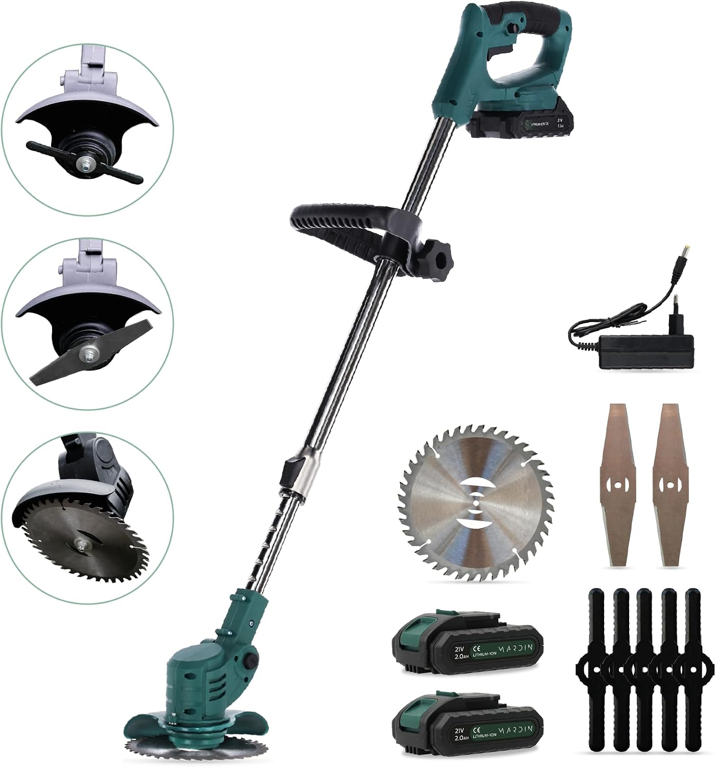 Mardin KM01356 Cordless Grass Trimmer with various cutting blades, battery, and charger.