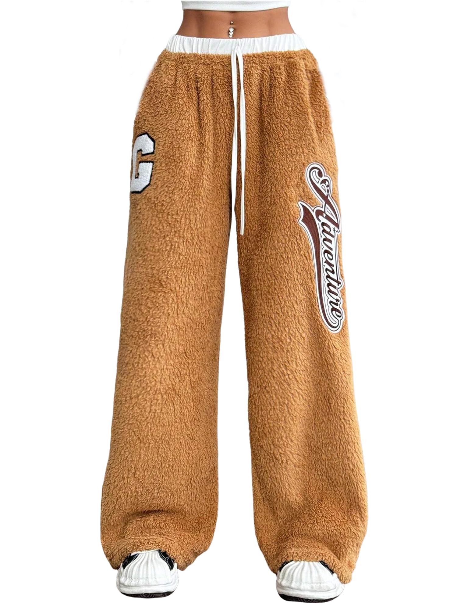 ZAFUL Women's Fuzzy Plush Pajama Pants Wide Leg Pj Bottoms Lounge Pants