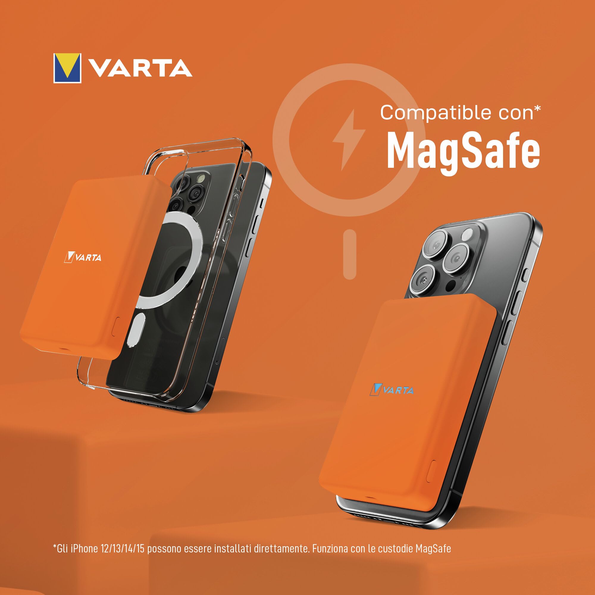 VARTA Power Bank 5.000mAh, powerbank magnetico, Mag Pro Power on Demand, caricabatterie portatile con USB C, compatibile con MagSafe e Qi Standard (per compatibilità con iPhone e Android), arancia | Power on Demand, ricarica wireless MagSafe e Qi, caricab