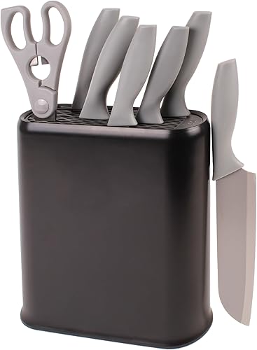 BergHOFF LEO - Juego de 6 cuchillos universales de acero inoxidable antiadherente, bloque de polipropileno (7 piezas, negro/gris)