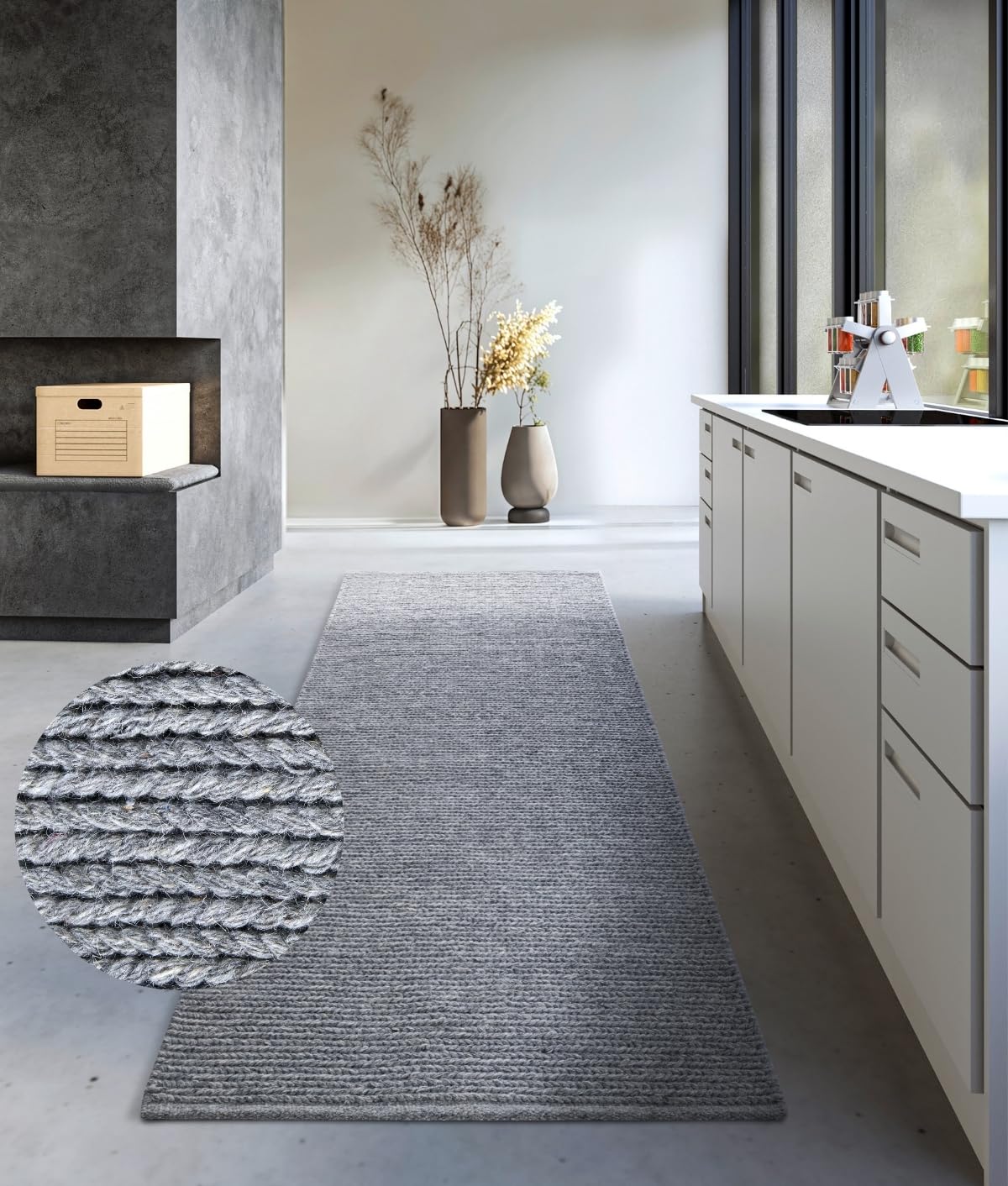 Villeroy & Boch Wollteppich Francois - Natur Wohnzimmerteppich - Handgewebt & Natürlich - Boho Teppich Wolle für Wohnzimmer, Schlafzimmer, Esszimmer, Flur, Küche – Silber, 80x200cm