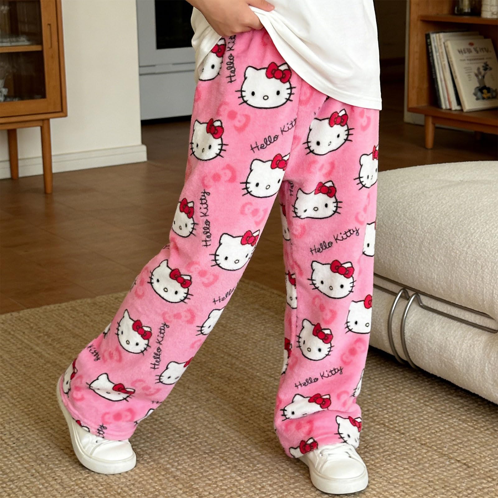 Pantalón de Pijama Anime para Mujer, Pijama de Franela Rosa con Diseño Cartoon Kawaii, Tallas EU