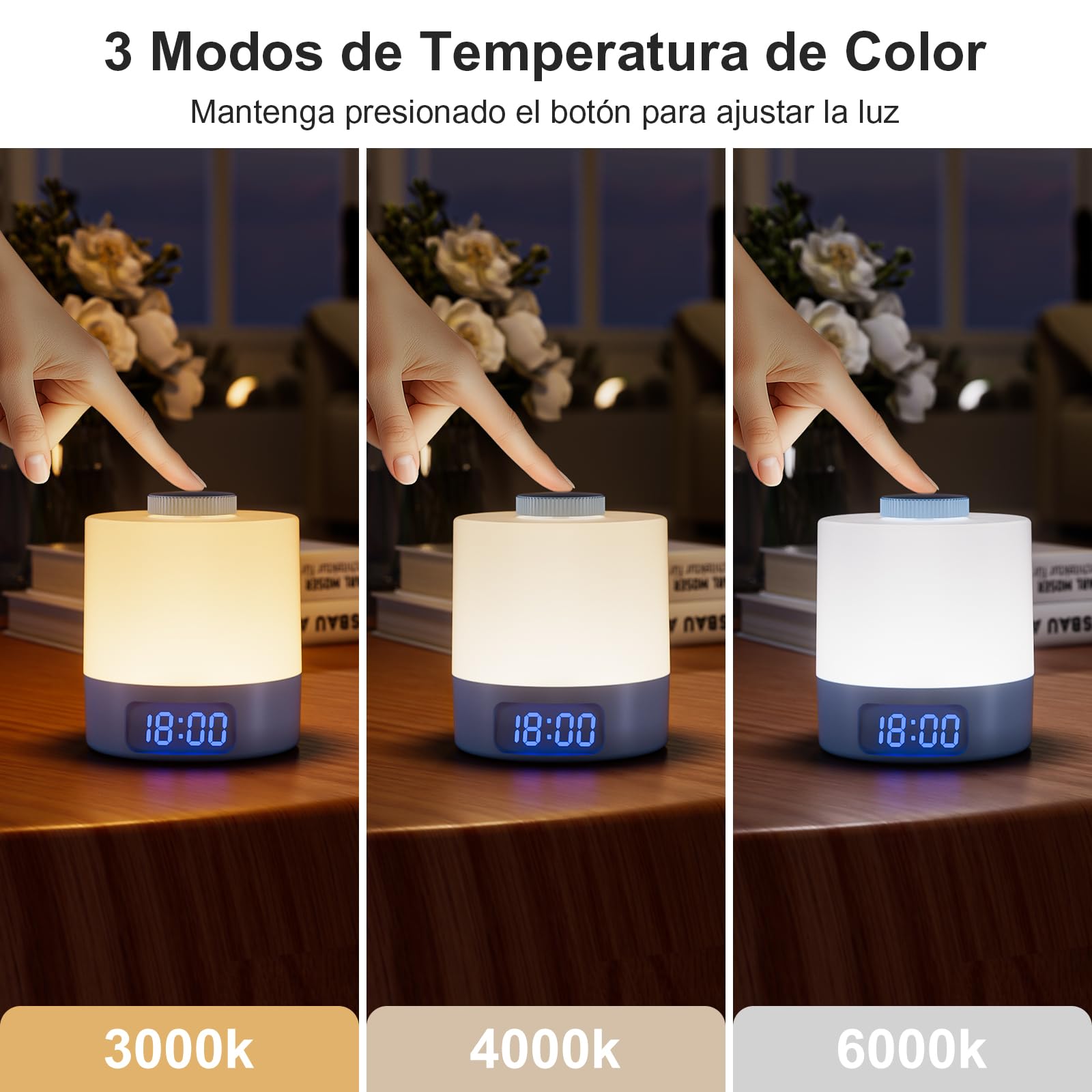 WOBANE Lámpara de Mesita de Noche sin Cable, Regulable Luz Nocturna Recargable USB con Reloj, 3600 mAh Lámpara de Bebé para Dormitorio, Mesa, Salón, Oficina, 3 Temperaturas de Color