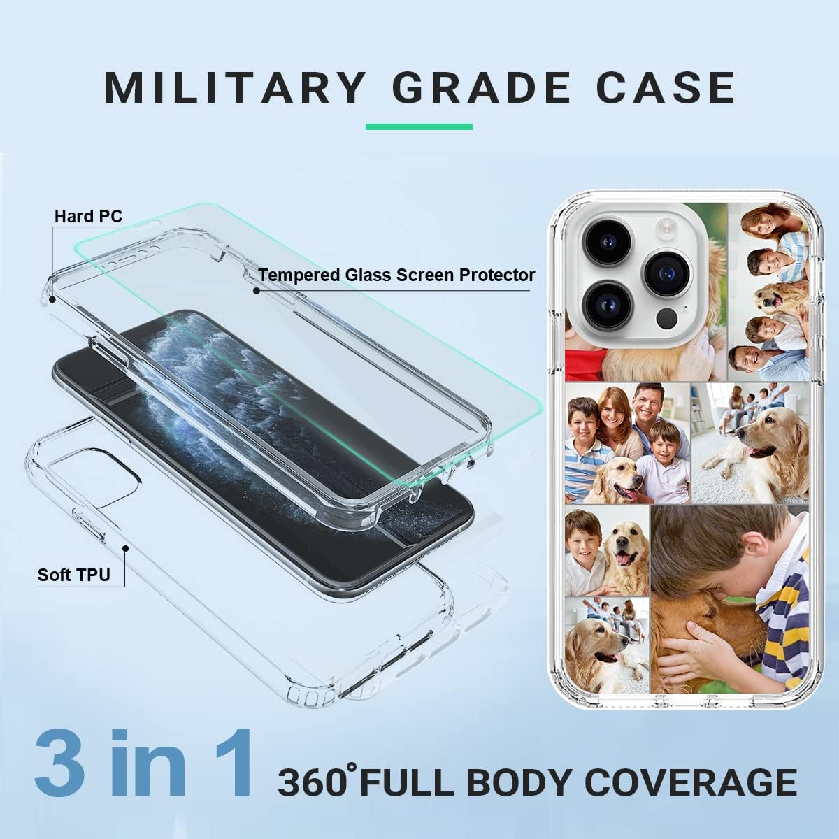 Custom Phone Case for iPhone 14 Pro Max,Bumper Phone Case Multi-Picture Collages Personalized Photo Case Heavy Duty with Screen Protector 3 in 1 Military Grade Full Body Clear Protective Phone Cover E