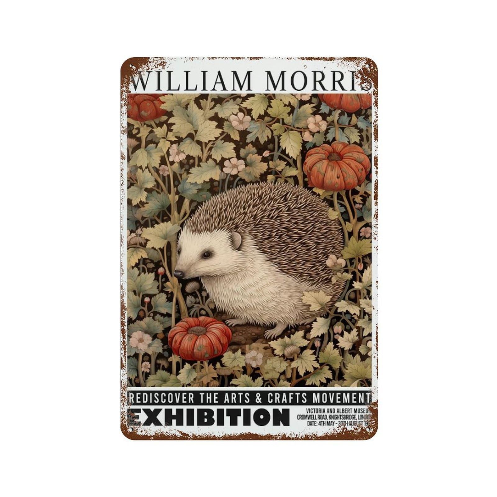 Morris Hedgehog Botanical Exhibition 11.8"x7.9" Weathered Tin Sign, Shabby Chic Decor for Farmhouse, Kitchen And Entryway Decor