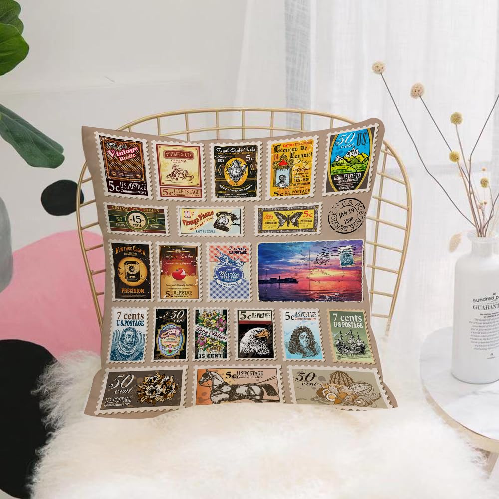 Hyosxw Retro Themed Stamps, Old Stamps In Stamp Alb - A1 Cushion Cover,Throw Pillow Case Home Decorative For Living Room Bedroom Sofa Chair 18X18 Inch,Retro Themed Stamps, Old Stamps In Stamp Albums,Pillowcase 45X45cm