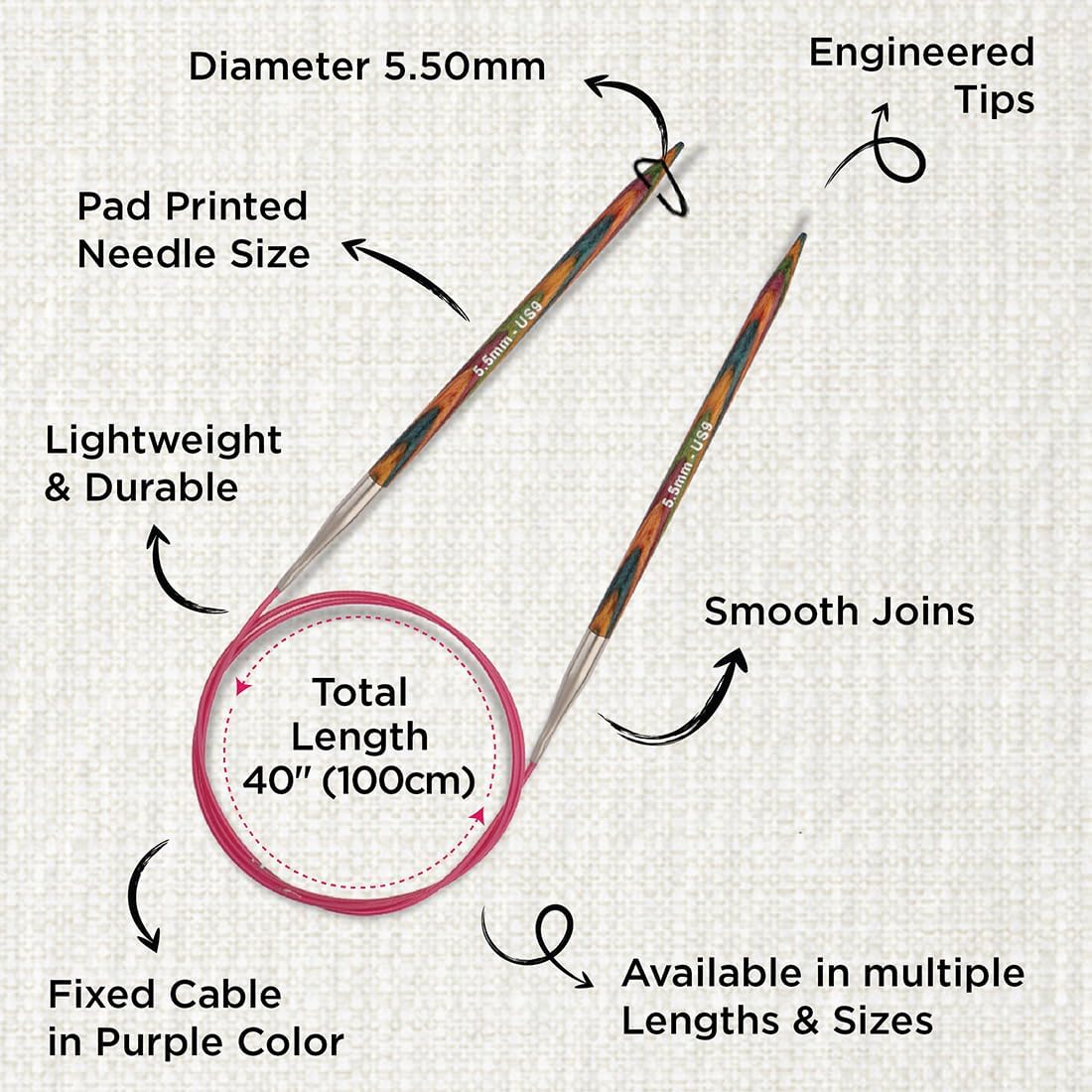 KNITPRO 100 cm x 5.5 mm Symfonie Fixed Circular Needles, Multi-Color