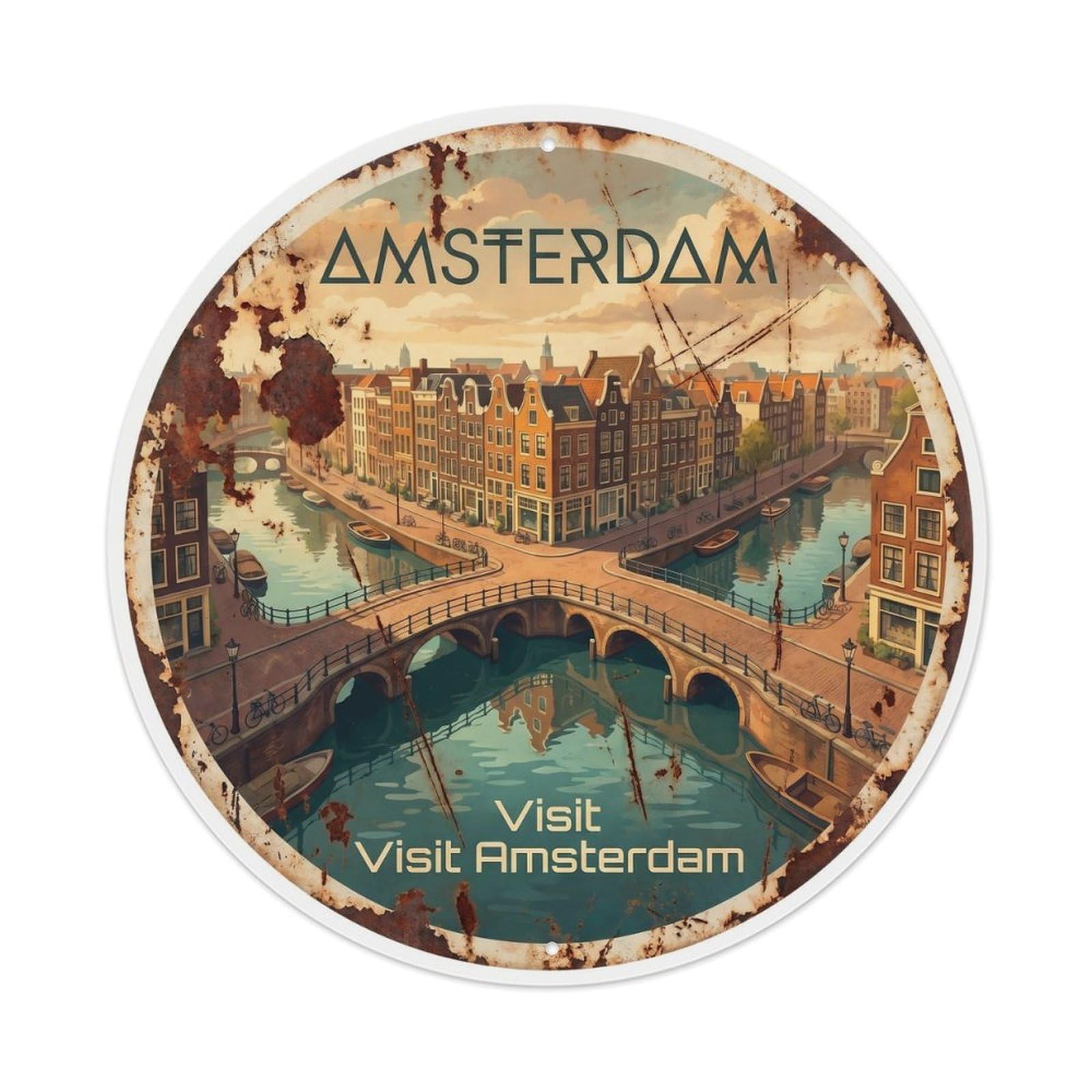 Tgrcjimh Style. Vintage Travel Dutch Canal Intersection Metal Tin Sign