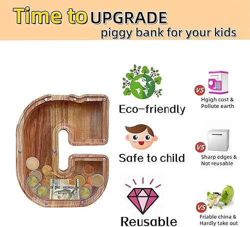 Miniatura 24 de Alcancía grande para niños y niñas, alcancía de madera personalizada con diseño recortado, bancos de monedas de letras del alfabeto, caja de ahorro