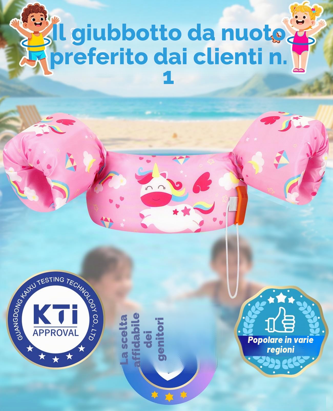 HeySplash Braccioli Gonfiabili, Canottiera per Piscina, Braccioli da Nuoto, Galleggiante per Nuoto Accessori per Bambini con Motivo Cartone Animato, Unicorno Rosa