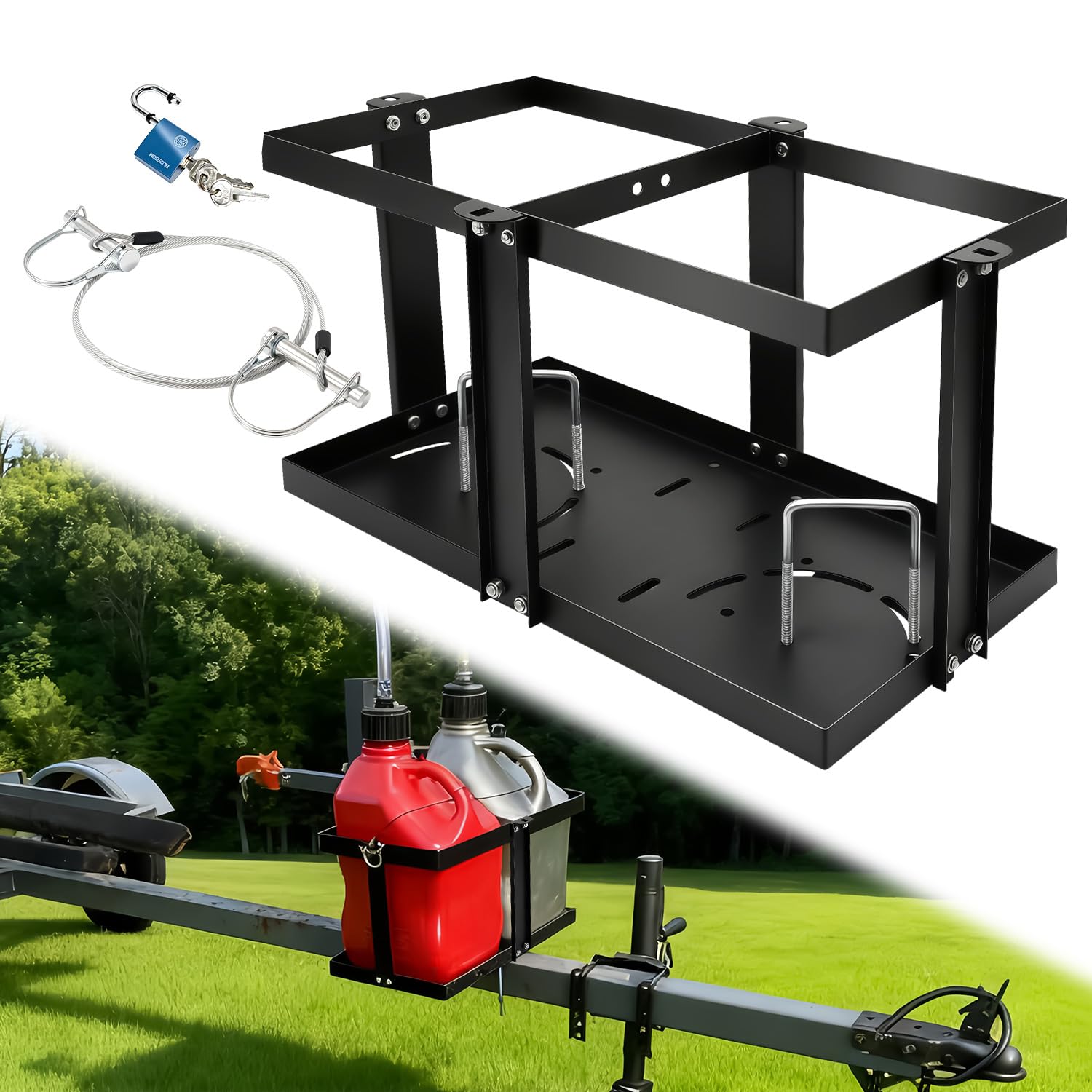 Gas Can Holder for Trailer, Fuel Jug Holder 4 Fixed Columns &amp; Locking Strap